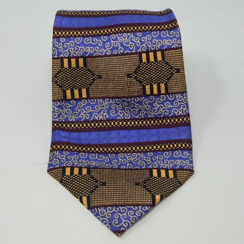 DON Collection Afrocentric Kente Pattern 100% Silk Handmade Tie Blue Gold Black
